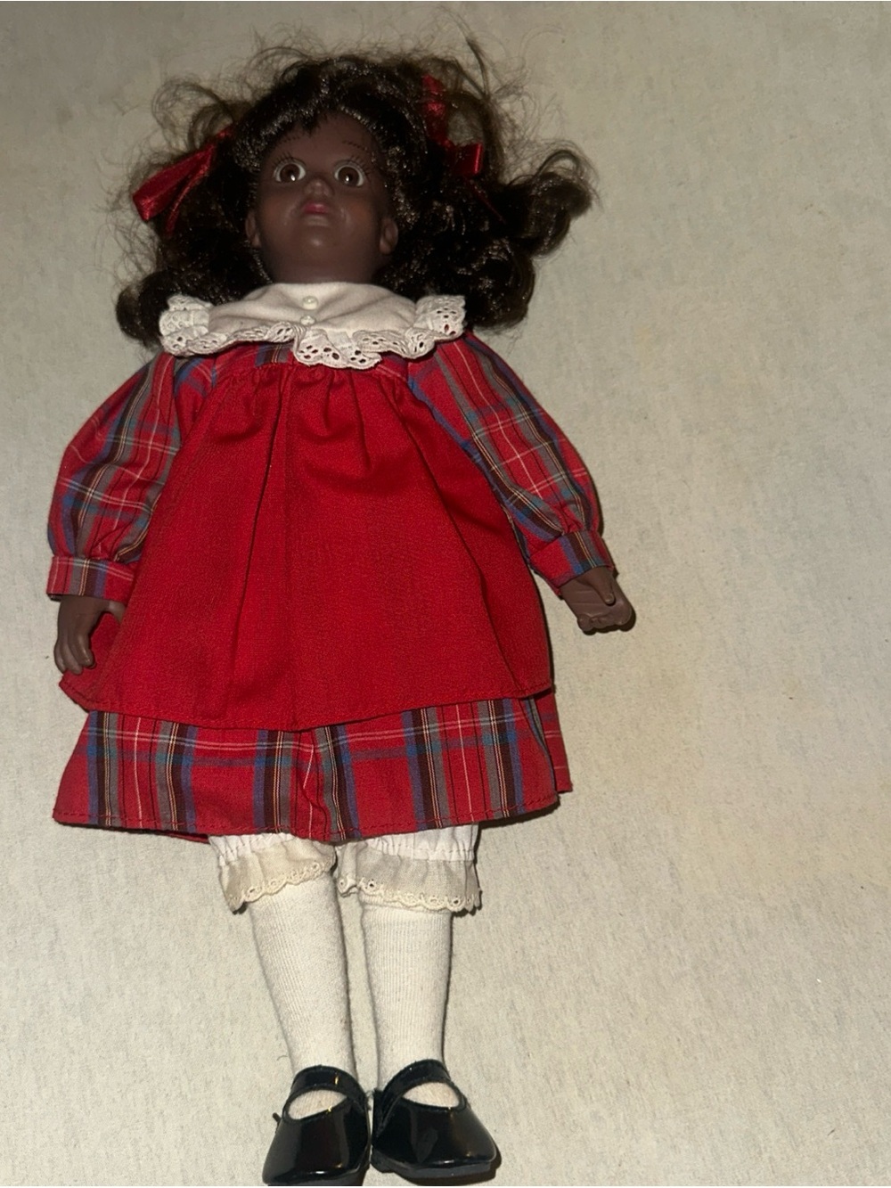 Vintage Collectible Classic Red Plaid Dress Porcelain Doll with Lace Collar